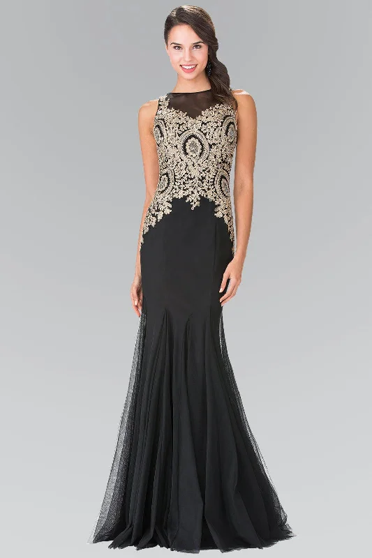 Embroidered Boidce Long Prom Dress with Sheer Back