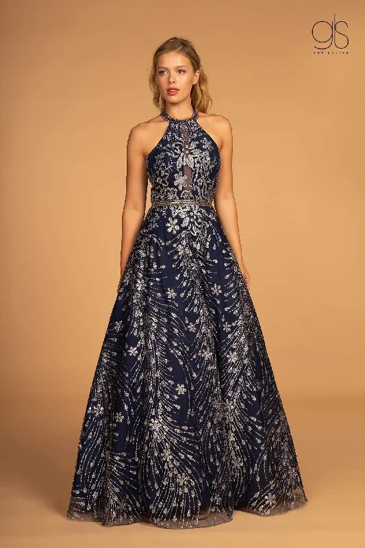 Prom Long Halter Neck Glitter Print Dress Ball Gown