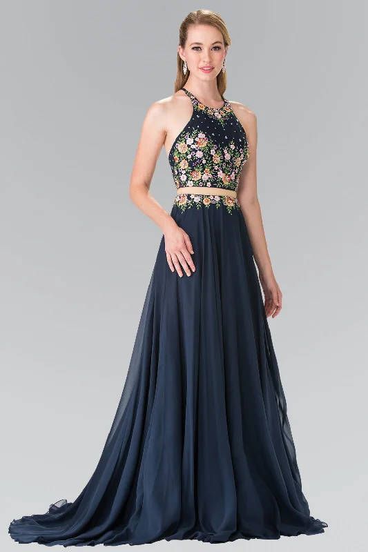 High Neck Mock Two Piece Long Prom Dress Formal