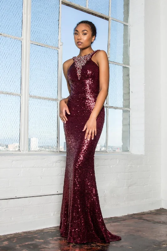 Prom Long Formal Fully Sequined Halter Evening Dress