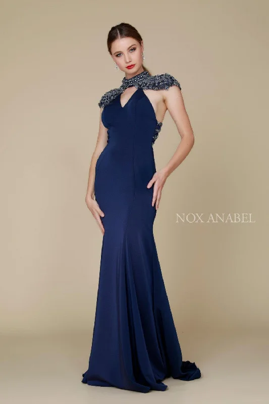 Long Beaded Coverlet Evening Gown Prom Dress Navy Blue