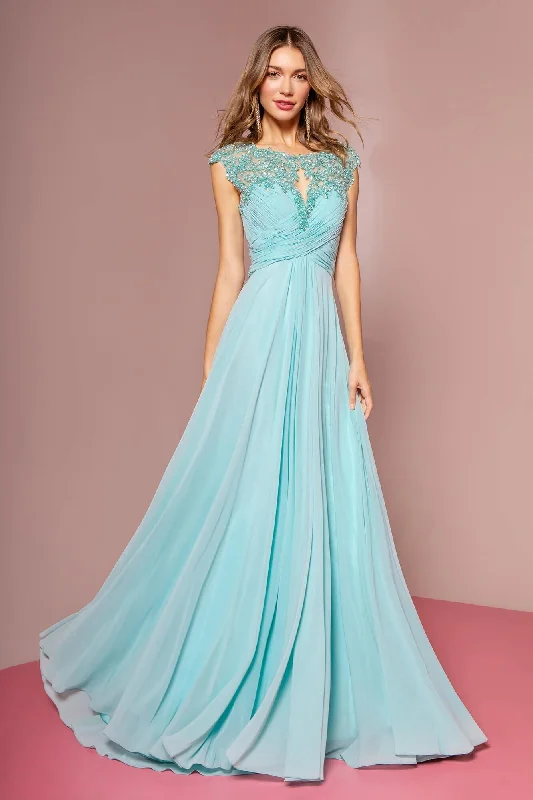 Long Formal Cap Sleeve Ruched Bodice Prom Dress