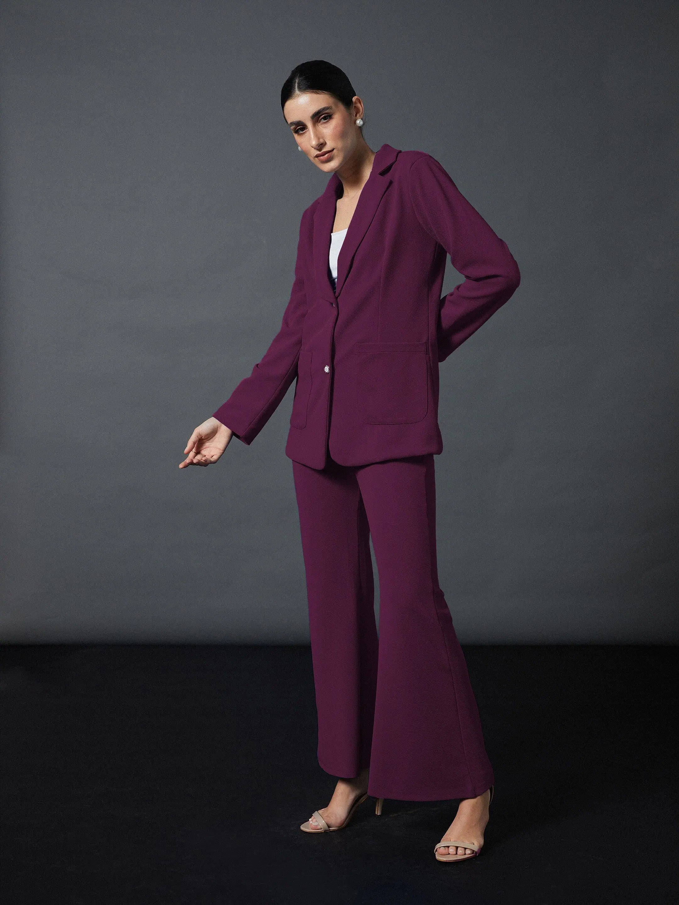 Women Mauve Slim Fit Blazer With Bellbottom Pants