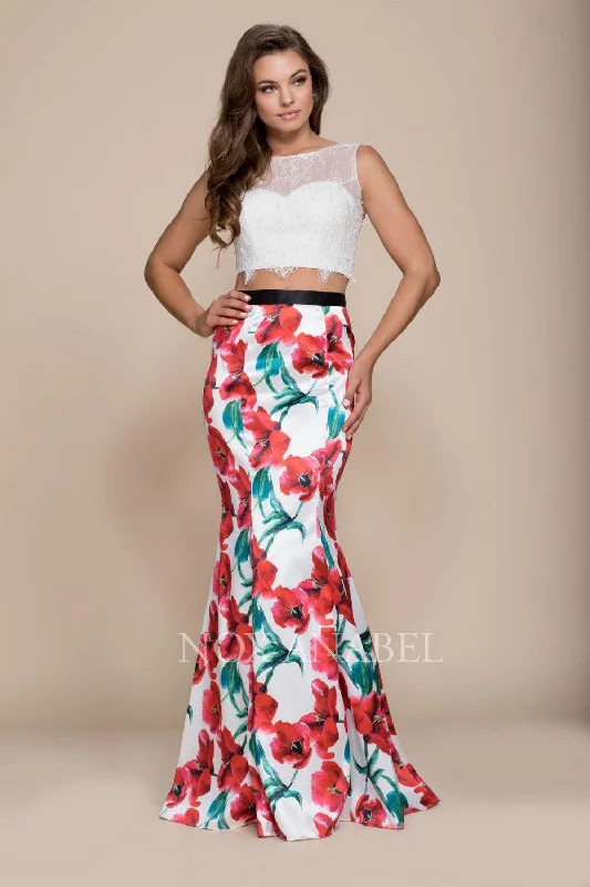 Long High Neck Two Piece Dress With Floral Print Skirt