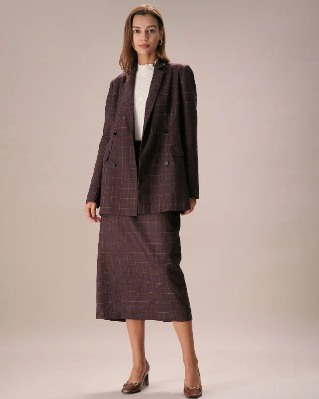 The Coffee Lapel Double Breasted Plaid Blazer | Coffee