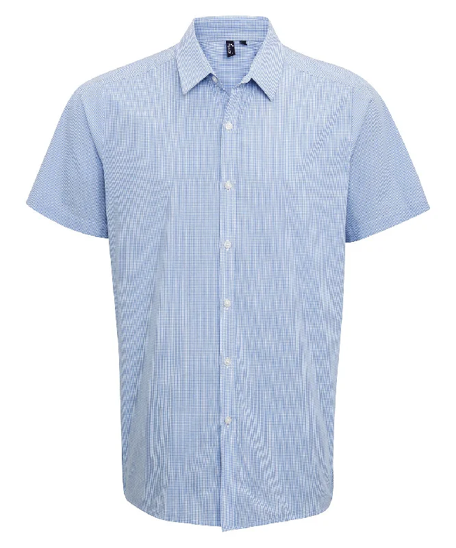 Light Blue/White - Microcheck (Gingham) short sleeve cotton shirt