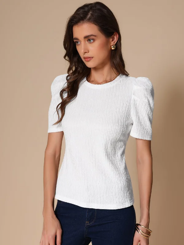 Puff Short Sleeve Round Neck Textured Blouse