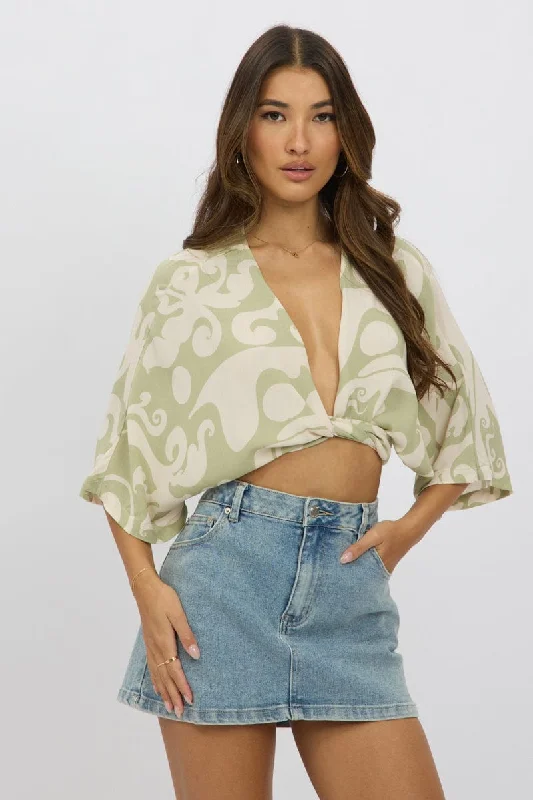 Green Abstract Tie Up Bolero Short Sleeve