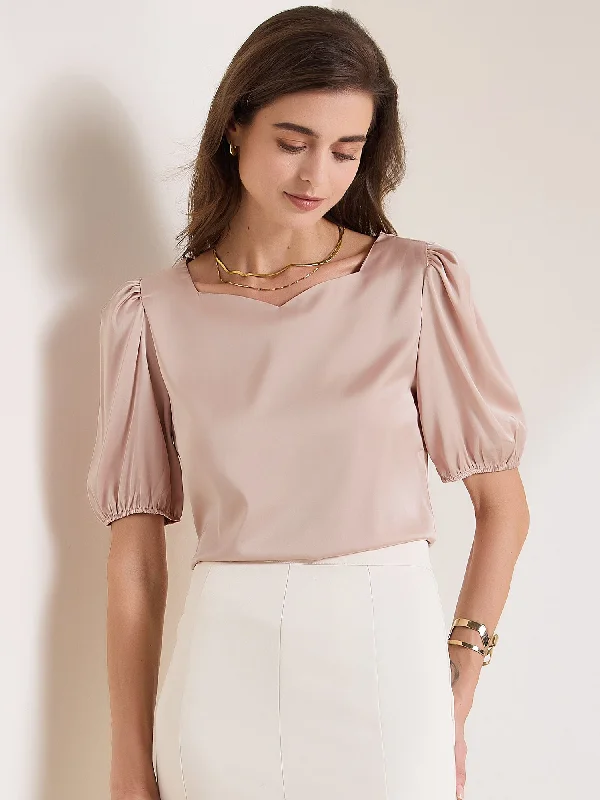 Sweetheart Neck Puff Short Sleeve Office Work Satin Blouse