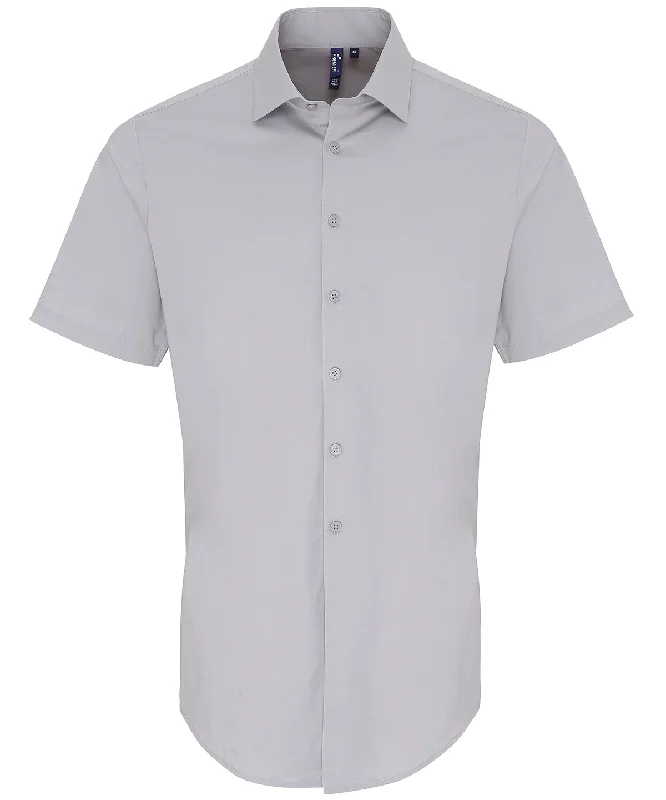 Silver - Stretch fit cotton poplin short sleeve shirt