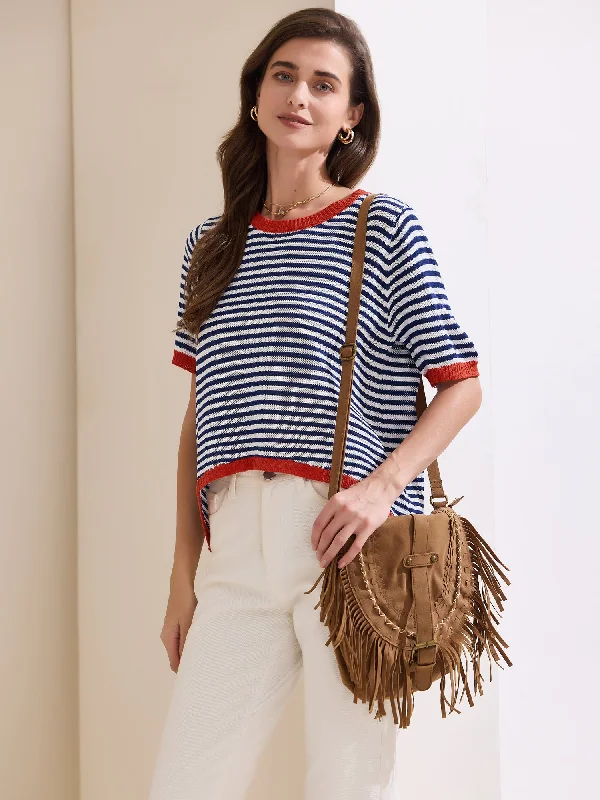 Colorblock Striped Short Sleeve Knitted Top