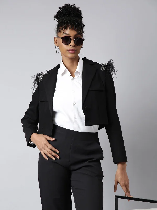 Women Black Solid Single Breasted Crop Blazer