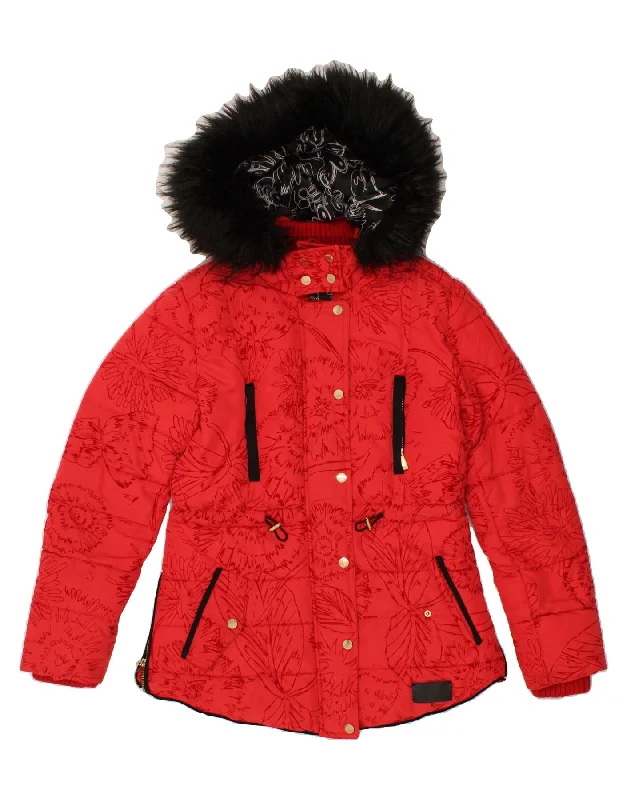 DESIGUAL Womens Hooded Padded Jacket EU 38 Medium Red Floral Polyester