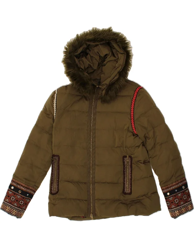 DESIGUAL Womens Hooded Padded Jacket EU 42 Large Khaki Polyester