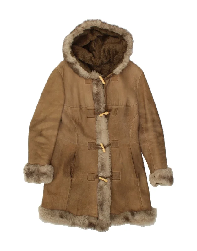 VINTAGE Womens Hooded Duffle Shearling Coat UK 10 Small Brown