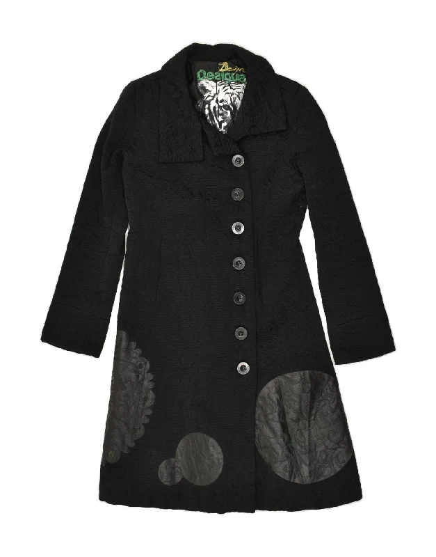 DESIGUAL Womens Graphic Overcoat EU 38 Medium Black Floral Cotton