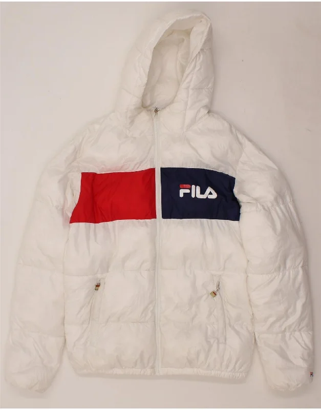 FILA Womens Graphic Hooded Padded Jacket UK 14 Medium White Colourblock