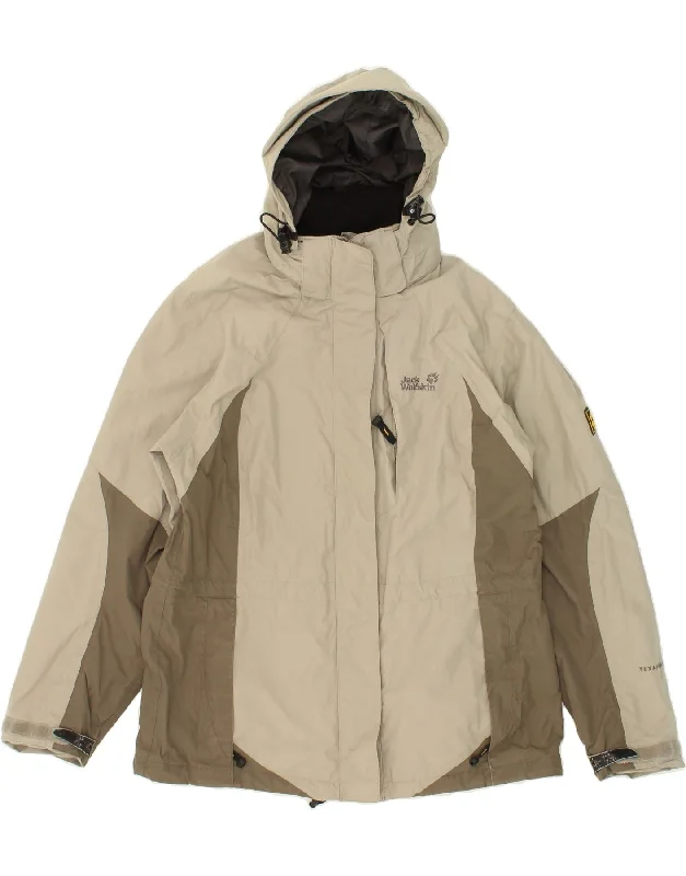 JACK WOLFSKIN Womens Hooded Rain Jacket UK 14/16 Large Beige Colourblock