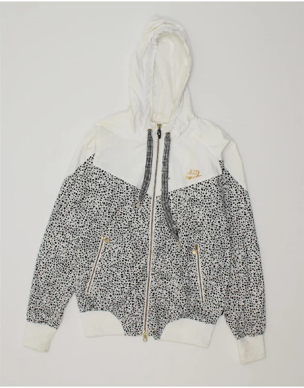 NIKE Womens Hooded Rain Jacket UK 8/10 Small White Spotted Polyester