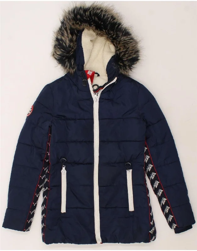 SUPERDRY Womens Graphic Hooded Padded Jacket UK 10 Small Navy Blue