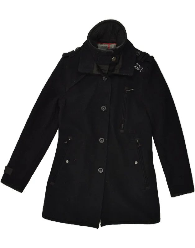 SUPERDRY Womens Overcoat UK 14 Large Black Wool