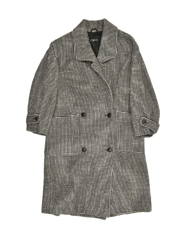 VINTAGE Womens Double Breasted Overcoat UK 6 XS Grey Check Wool