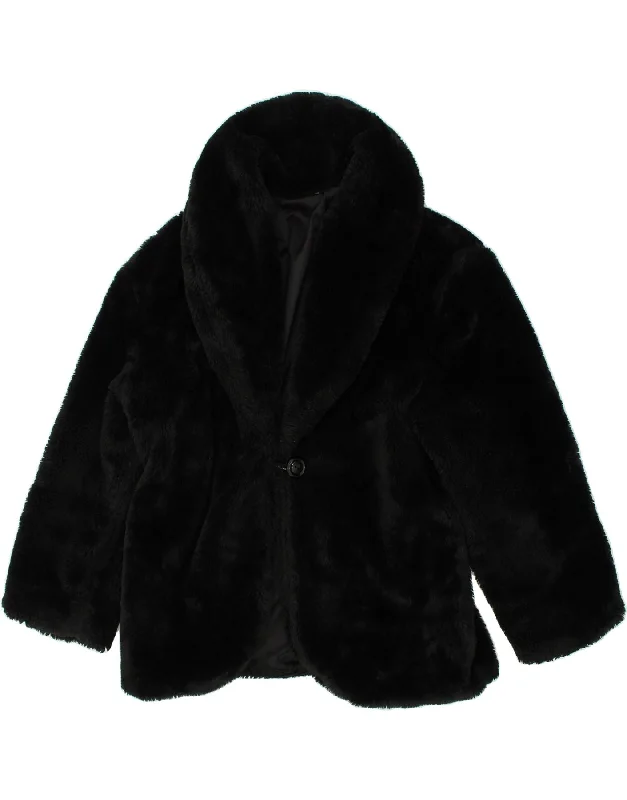 VINTAGE Womens Faux Fur Overcoat UK 14 Medium Black