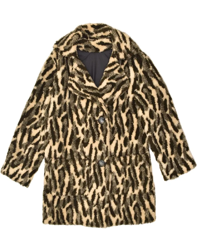 VINTAGE Womens Faux Fur Overcoat UK 18 XL Beige Animal Print