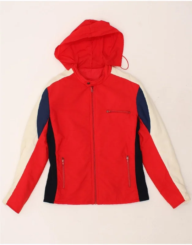 VINTAGE Womens Hooded Bomber Jacket UK 10 Small Red Colourblock