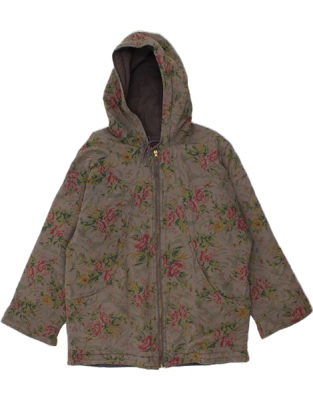 VINTAGE Womens Hooded Reversible Jacket UK 12 Medium Grey Floral Cotton