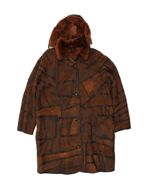 VINTAGE Womens Hooded Shearling Coat IT 44 Medium Brown