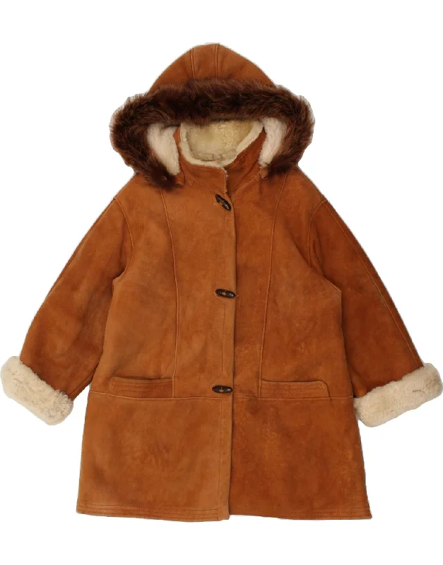 VINTAGE Womens Hooded Shearling Coat IT 48 XL Brown