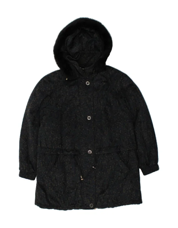 VINTAGE Womens Hooded Windbreaker Coat EU 48 2XL Navy Blue Spotted