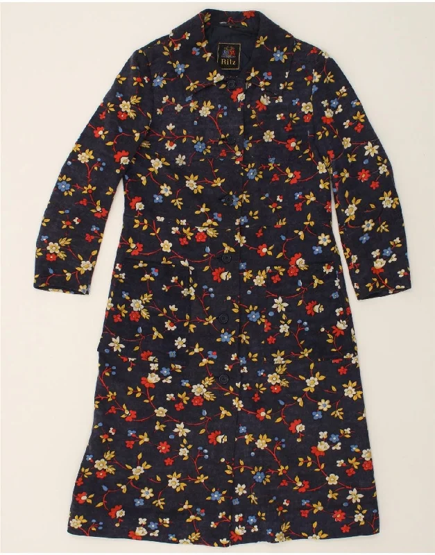 VINTAGE Womens Overcoat IT 48 XL Navy Blue Floral