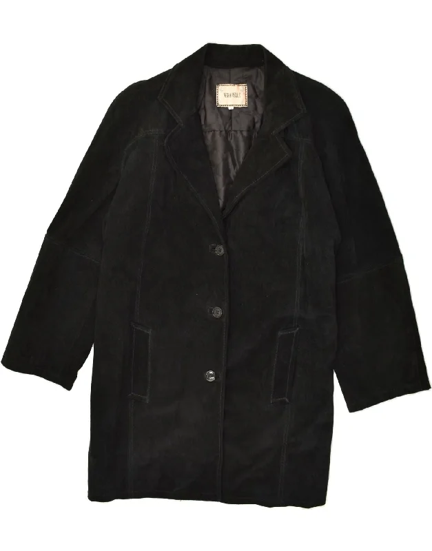 VINTAGE Womens Suede Overcoat UK 16 Large Black Leather