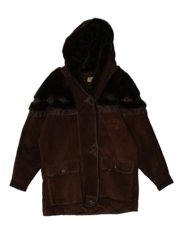 YUPPIE Womens Hooded Shearling Coat UK 14 Large Brown