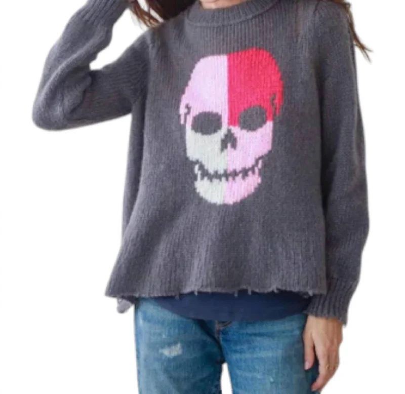 Colorblock Skull Crewneck Sweater In Grey