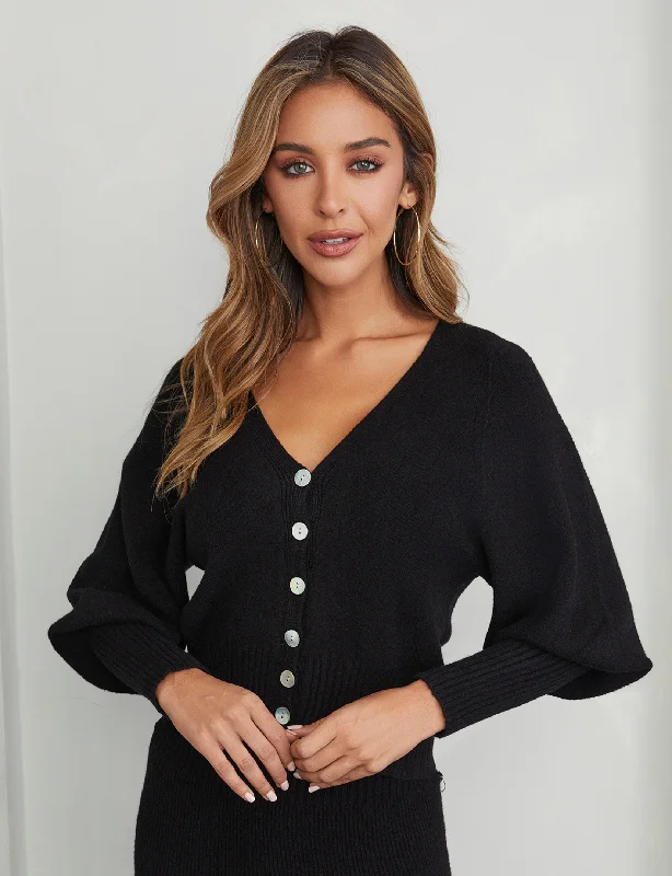 Soft Cuffed Knit Sweater, Black