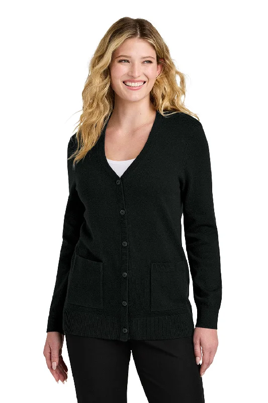 Port Authority Womens Easy Care Button Front Long Sleeve Cardigan Sweater w/ Pockets - Deep Black - COMING SOON