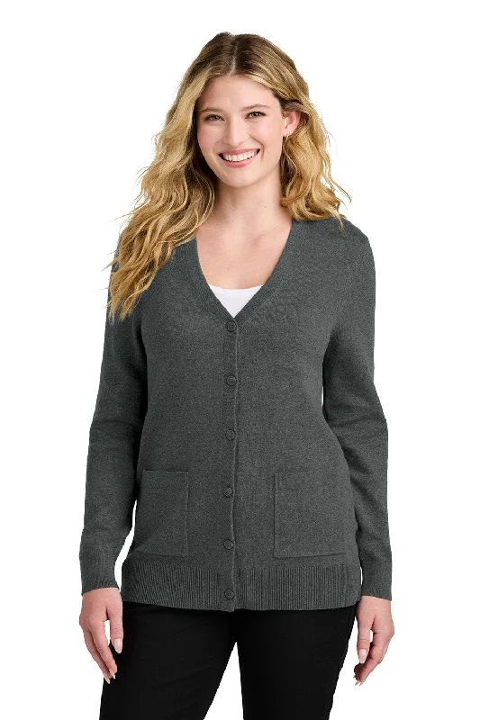 Port Authority Womens Easy Care Button Front Long Sleeve Cardigan Sweater w/ Pockets - Heather Charcoal Grey - COMING SOON