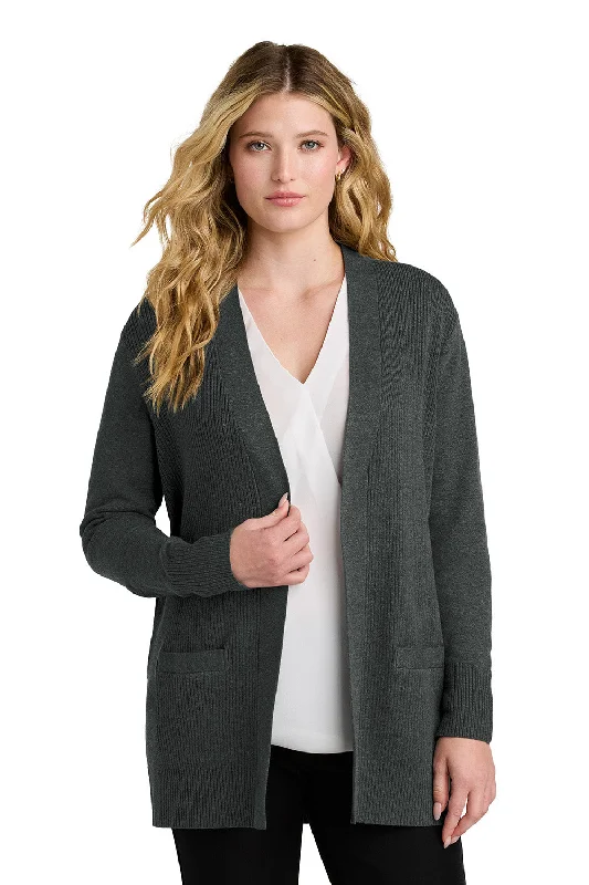 Port Authority Womens Easy Care Open Front Long Sleeve Cardigan Sweater w/ Pockets - Heather Charcoal Grey - COMING SOON