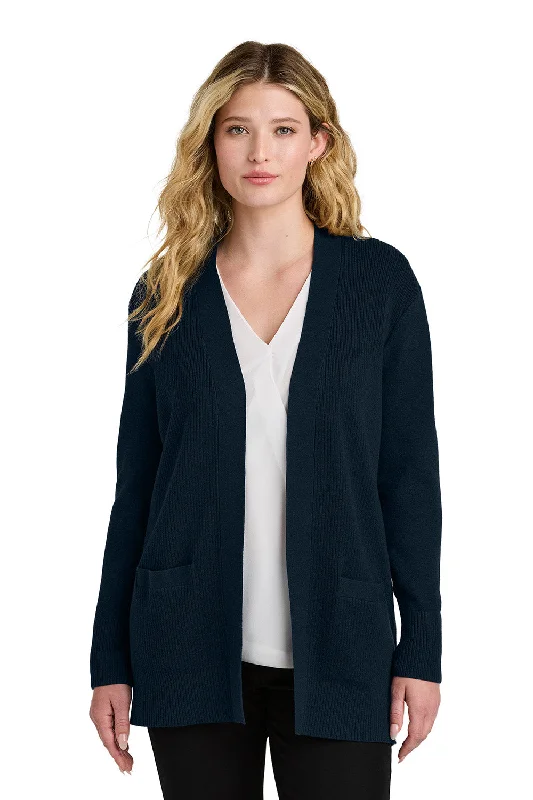 Port Authority Womens Easy Care Open Front Long Sleeve Cardigan Sweater w/ Pockets - River Navy Blue - COMING SOON