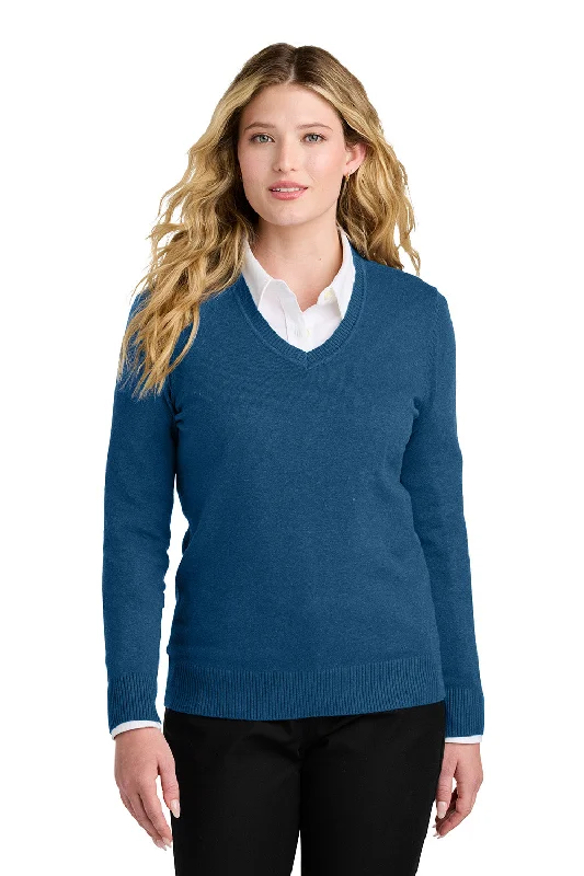 Port Authority Womens Easy Care Long Sleeve V-Neck Sweater - Heather Aegean Blue - COMING SOON