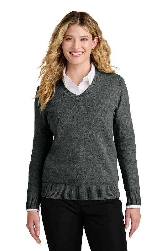 Port Authority Womens Easy Care Long Sleeve V-Neck Sweater - Heather Charcoal Grey - COMING SOON