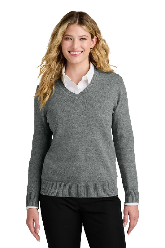 Port Authority Womens Easy Care Long Sleeve V-Neck Sweater - Heather Medium Grey - COMING SOON