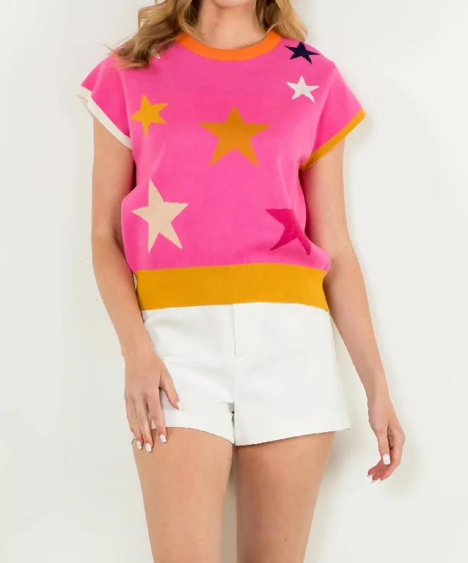 Short Sleeve Star Sweater In Pink