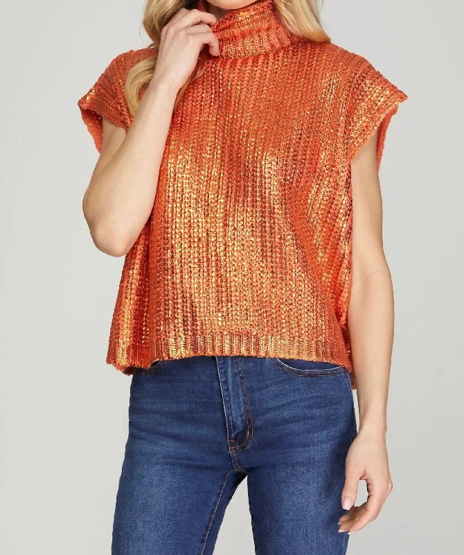 Sweet Pop Metallic Foil Sweater In Orange