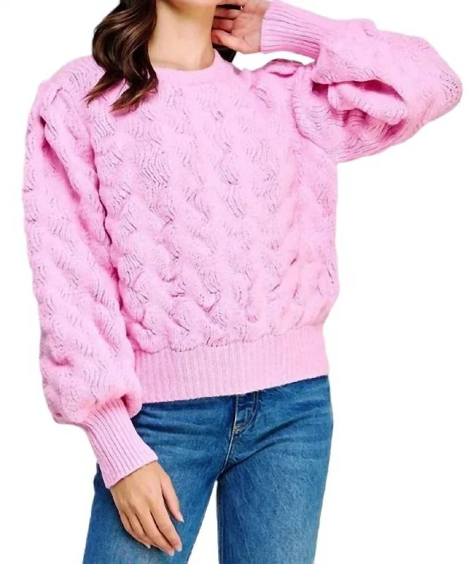 Textured Wave Thick Knit Sweater In Aurora Pink