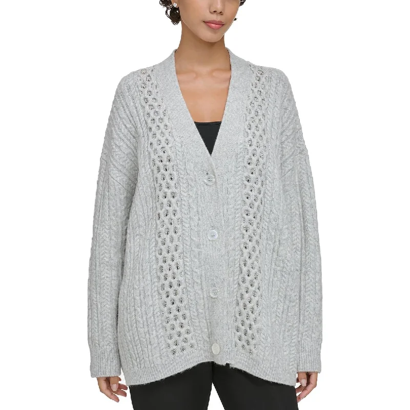 Womens Cable Knit Embellished Cardigan Sweater