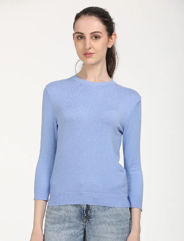 Women's Solid Light Blue Crew Neck Sweater